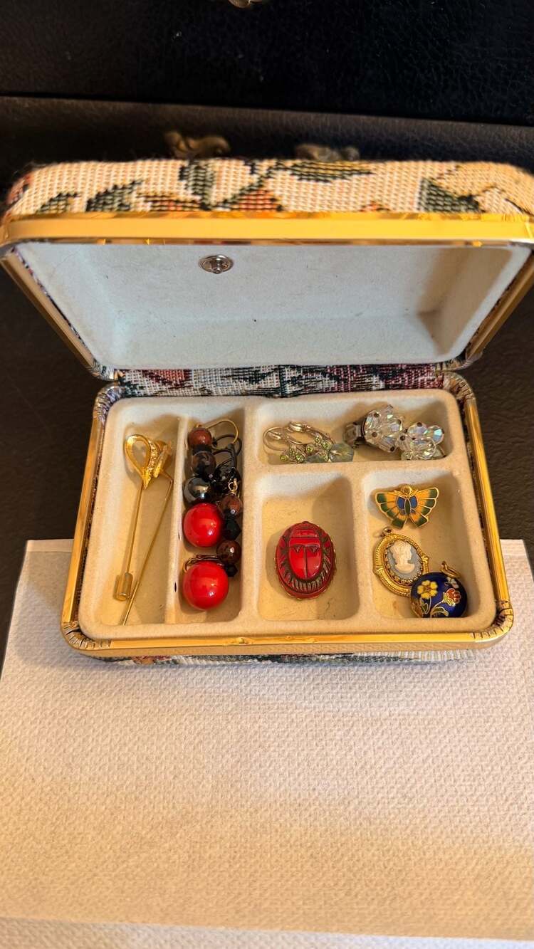 Vintage Tapestry Jewelry Box with Assorted Jewelry